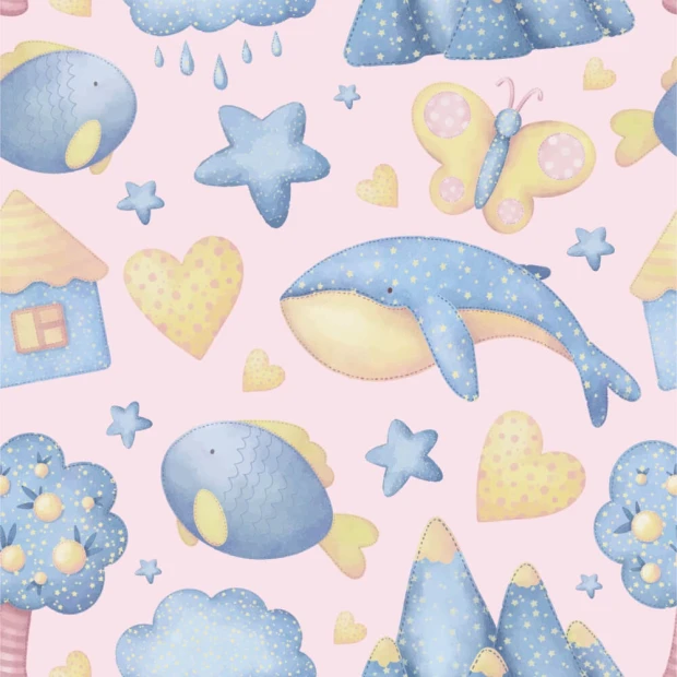 Whale, heart, house, and tree wallpaper for children\'s room - Graphic design pattern 0425.