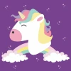 Unicorn wallpaper for a girl\'s room, rainbow design 0442 - Unicorn head with rainbow mane on a purple background.