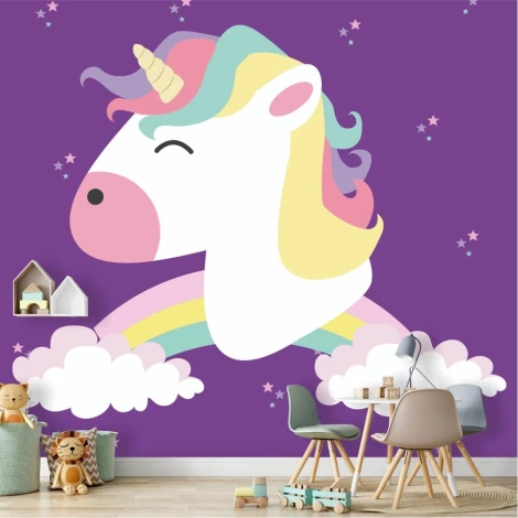 Unicorn wallpaper for girls\' room, rainbow design - Styled in a purple children\'s room with furniture.