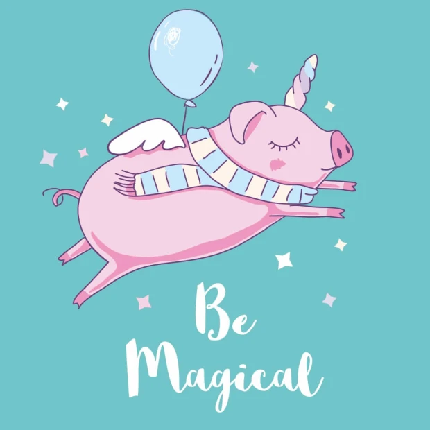 Magical wallpaper for girls\' room featuring a pink unicorn pig with a balloon.