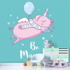 Magical wallpaper for girls\' room, featuring a pink unicorn pig with a balloon and wings.
