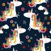 Unicorn wallpaper for girls\' room 0422 - Graphic design with white unicorns on a dark background, rainbows, clouds, and colors.