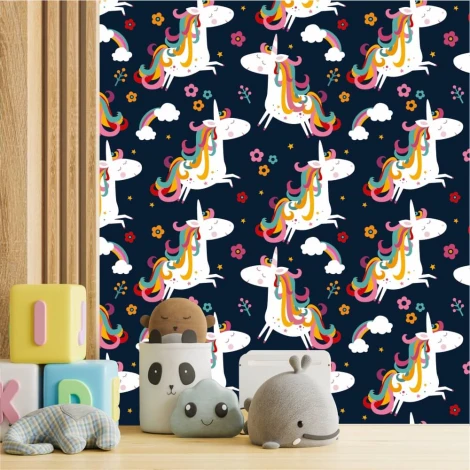 Unicorn wallpaper for girls\' room 0422 - Graphic design with white unicorns and rainbow manes on a dark background.