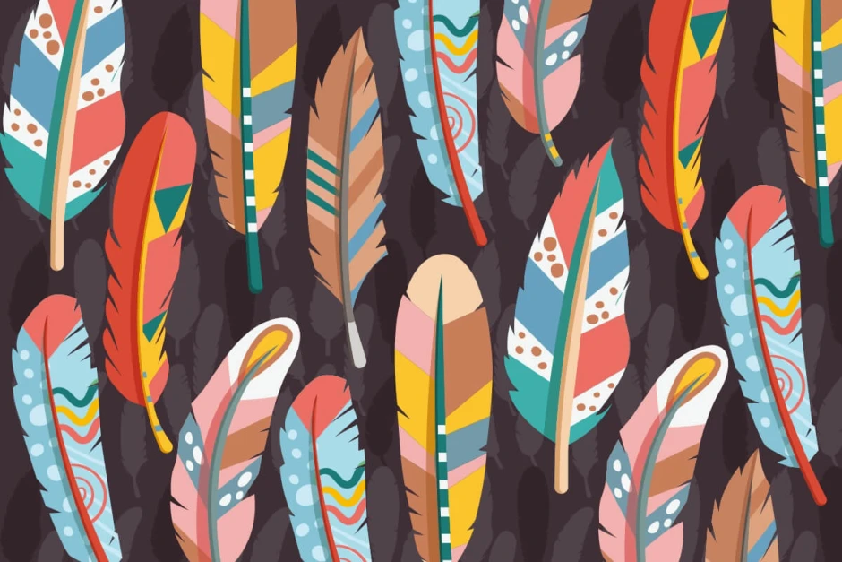 Wallpaper for living room, bedroom, or children\'s room featuring colorful feathers in various shapes. Design 0450.