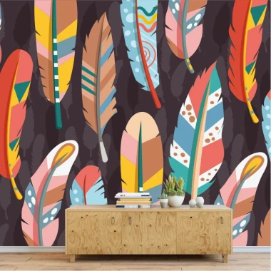 Wallpaper for living room, bedroom, or children\'s room with colorful feathers 0450 - Modern interior design. Dark walls.