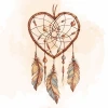 Heart-shaped Dreamcatcher wallpaper 0429 for the bedroom - graphic design with net, feathers, and beads in warm colors.