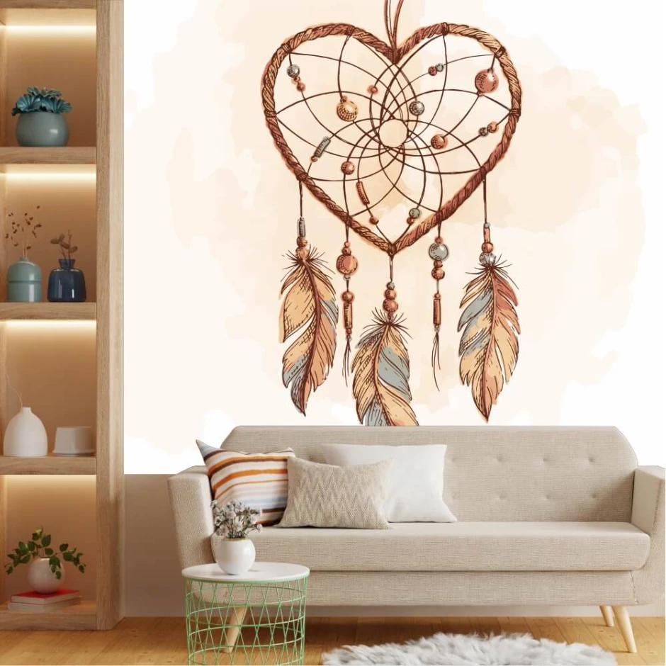 Heart-shaped Dreamcatcher wallpaper for the bedroom 0429 - Graphic design with a net, feathers, and pastel beads.