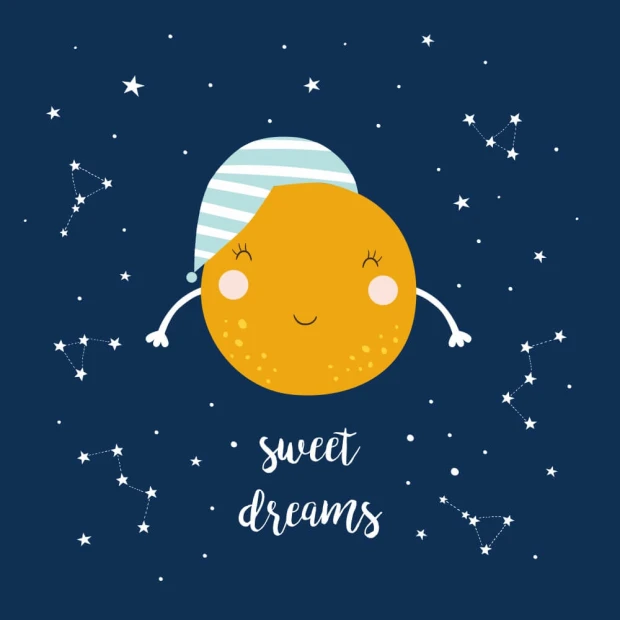 Children\'s bedroom wallpaper featuring a moon in pajamas surrounded by star constellations. Design 0446.