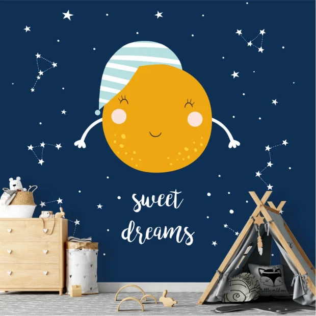 Children\'s bedroom wallpaper with moon and star constellations 0446 - Dark walls, furniture in a kids\' room setting.