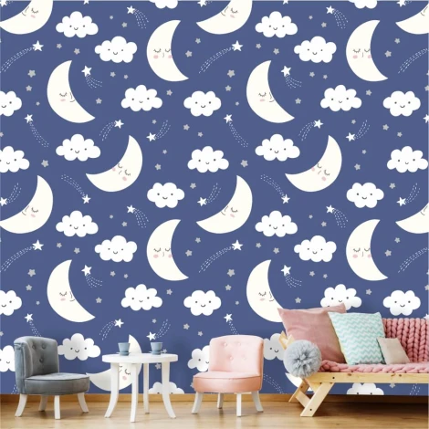 Children\'s bedroom wallpaper Night Sky, moon, stars, clouds 0447 - Decor for a child\'s room. Walls in shades.