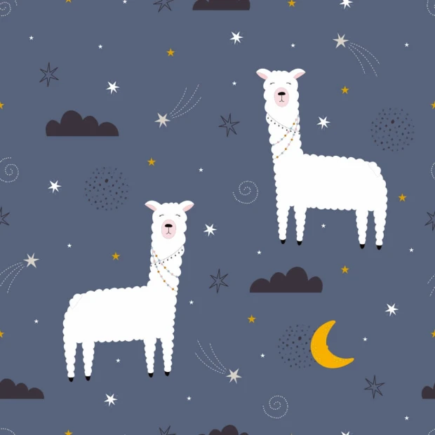 Children\'s wallpaper with llamas, clouds, and moon 0462 - Graphic design featuring two white llamas on a dark blue background.