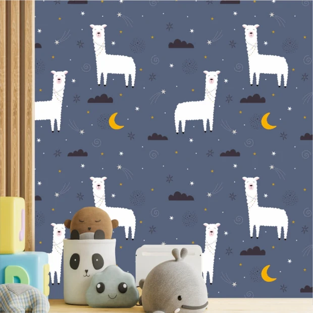 Children\'s wallpaper with llamas, clouds, and moon 0462 - Graphic design. White llamas on a dark blue background with clouds, stars, and moon.