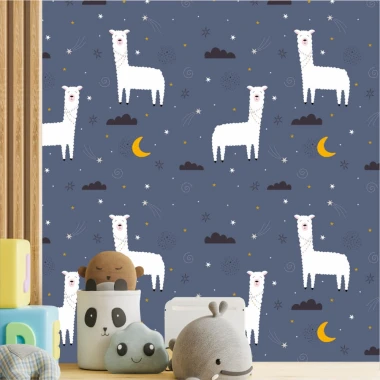 Children\'s wallpaper with llamas, clouds, and moon 0462 - Graphic design. White llamas on a dark blue background with clouds, stars, and moon.