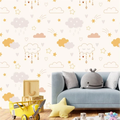 Star, cloud, and heart wallpaper 0445 - Ideal for a children\'s room with light-colored walls and decorative elements.
