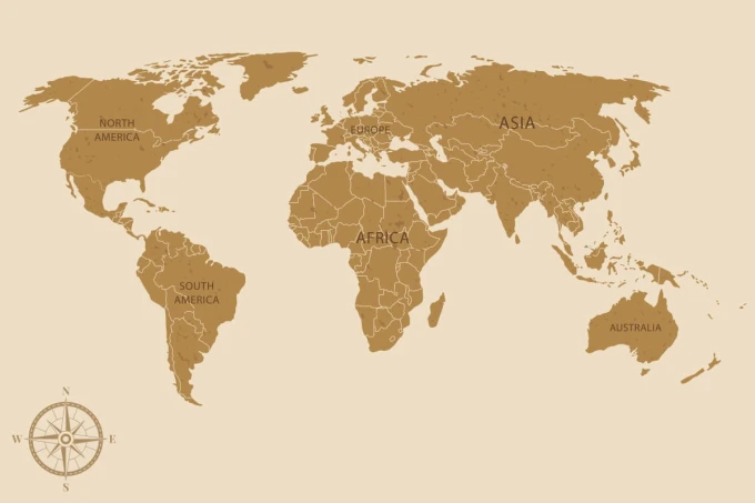 Retro world map wallpaper featuring continents and countries, in brown tones with names.