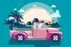 Retro car youth wallpaper 0448 - Graphic design with a pink car against mountains, palms, and sky.