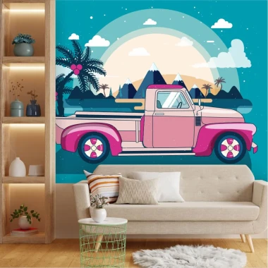 Retro car youth wallpaper with mountains and palms 0448 - Living room decor. Walls in shades of blue and white.