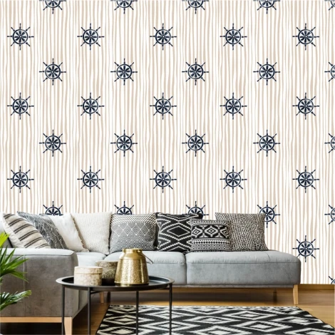 Wooden steering wheel wallpaper 0435 - Living room decor with light-colored walls and gray furniture.