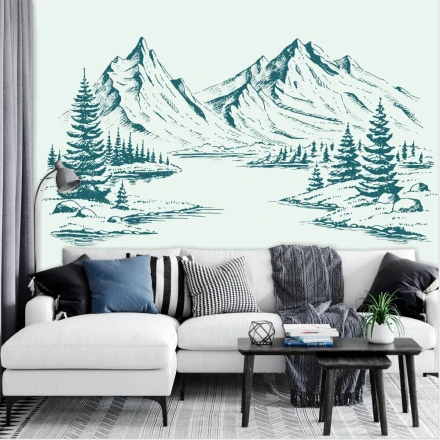 Wallpaper On The Wall Mountain Lake, Forest, Illustration 0418