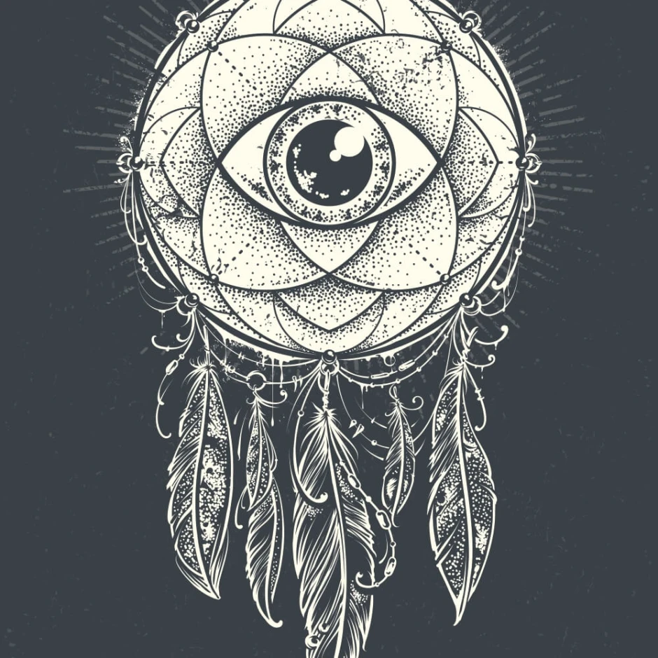 Dreamcatcher Wall Mural 0426 - Graphic design featuring a round shape with an eye at the center, surrounded by patterns and feathers.