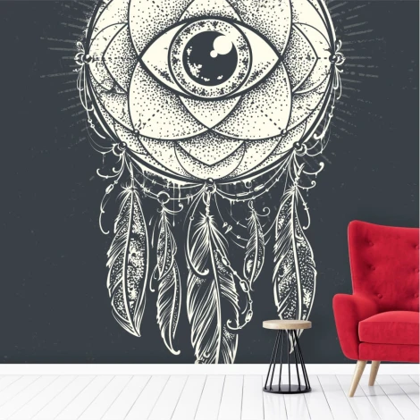 Dreamcatcher Wallpaper 0426 - Graphic design featuring an eye surrounded by patterns and feathers.