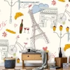 Paris wall mural featuring the Eiffel Tower, landmarks, and symbols. Graphic design with Eiffel Tower and bicycles.