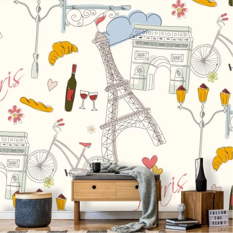 Paris wall mural featuring the Eiffel Tower, landmarks, and symbols. Graphic design with Eiffel Tower and bicycles.