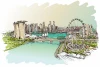 Singapore wall mural, skyscrapers, aerial view 0432 - Graphic design. Illustrated skyline with skyscrapers and wheel.