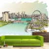 Singapore wall mural, skyscrapers, aerial view 0432 - Living room setup. Green sofa against cityscape illustration.