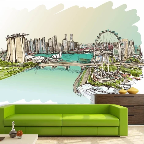 Singapore wall mural, skyscrapers, aerial view 0432 - Living room setup. Green sofa against cityscape illustration.