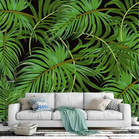 Tropical green leaf wallpaper 0419 - Living room setup with dark walls and a light sofa with cushions.