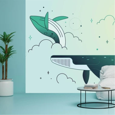 Whale wallpaper jumping from ocean waves 0437 - Modern living room decor with blue-toned walls.