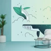 Whale wallpaper jumping from ocean waves 0437 - Modern living room decor with blue-toned walls.