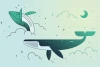 Whale wallpaper with jumping whales from ocean waves 0437 - Graphic design featuring two whales in different shades.