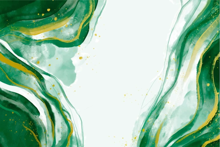 Green-yellow abstract watercolor wall mural 0421 - Graphic pattern with green and yellow waves and spots on a light background.