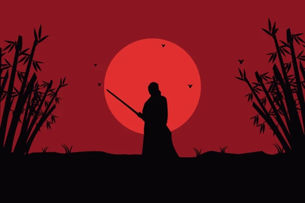 Samurai wallpaper featuring a warrior with a sword against a rising sun and bamboo design.
