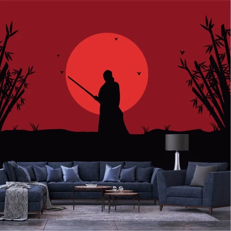 Samurai wallpaper featuring a warrior with a sword against a rising sun and bamboo, styled in a modern living room with dark walls.