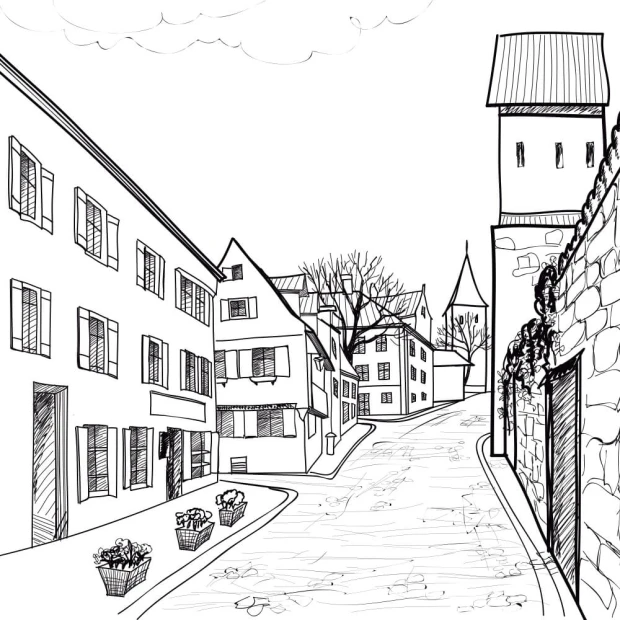 Charming street wallpaper in a small town, illustration 0434 - Graphic pattern featuring houses, trees, and baskets.