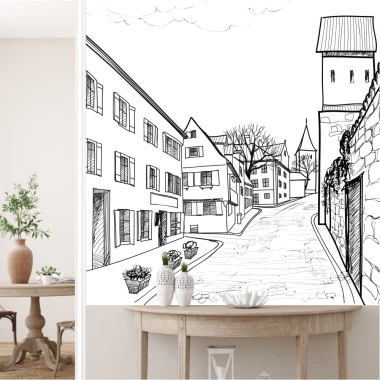 Charming street wallpaper in a small town, illustration 0434 - Living room decor with light walls and wooden furniture.