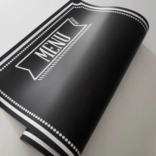 Chalkboard with Menu 039 design. Black background with white text and decorative elements.