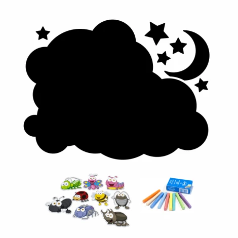 Magnetic chalkboard for kids featuring a cloud, moon, and stars in various designs.