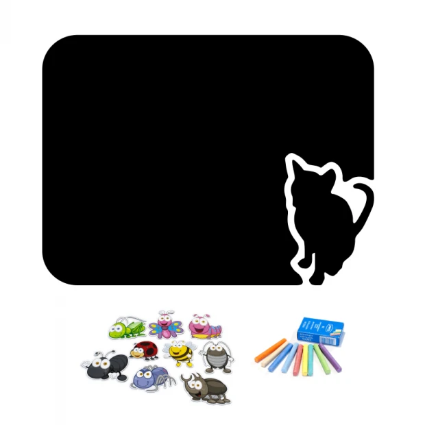 Chalkboard magnetic board for kids, cat design - black board with white cat outline and colorful accents.