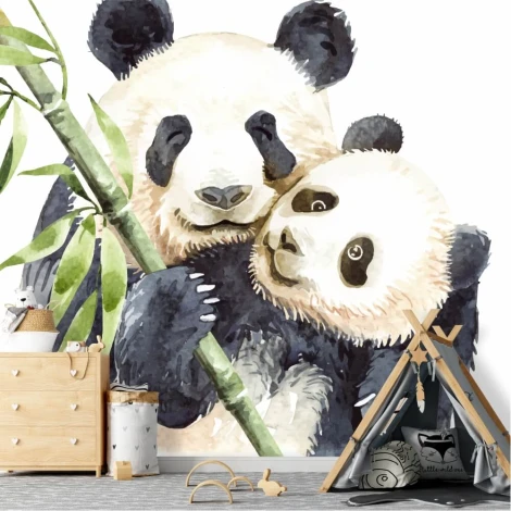 Panda bear wallpaper for kids 0498 - Brightly colored walls and wooden furniture in a children\'s room setting.