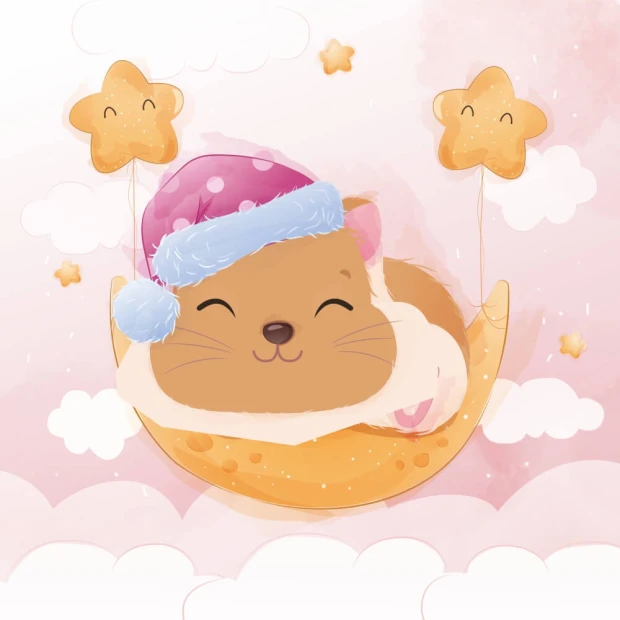 Children\'s wallpaper Sleeping Hamster 0495 - Graphic design. Hamster sleeps on the moon, surrounded by clouds and stars.