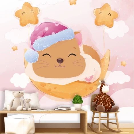 Children\'s wallpaper Sleeping Hamster 0495 - Graphic design featuring a hamster sleeping on the moon with clouds and stars.