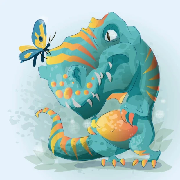Dinosaur T-rex wallpaper for kids\' room 0496 - Blue T-rex with orange stripes design.