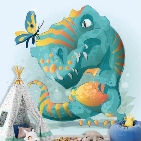 Dinosaur T-rex wallpaper for kids\' room 0496 - Graphic design featuring T-rex in blue and orange with a butterfly.