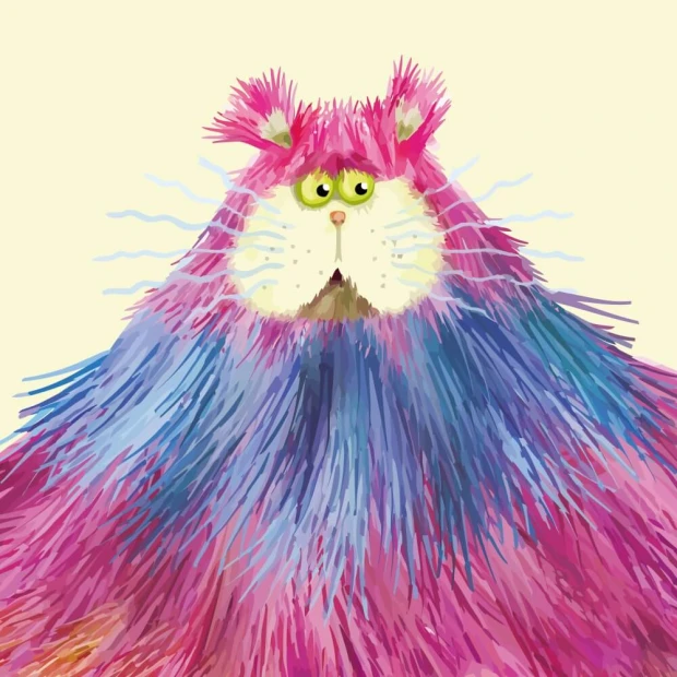 Colorful cat illustration wallpaper for kids\' room, featuring a graphic design of a cat with long, colorful fur.