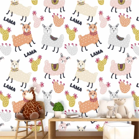 Kids\' room wallpaper Lama 0463 - Graphic design with colorful llamas and pineapples on a white background.