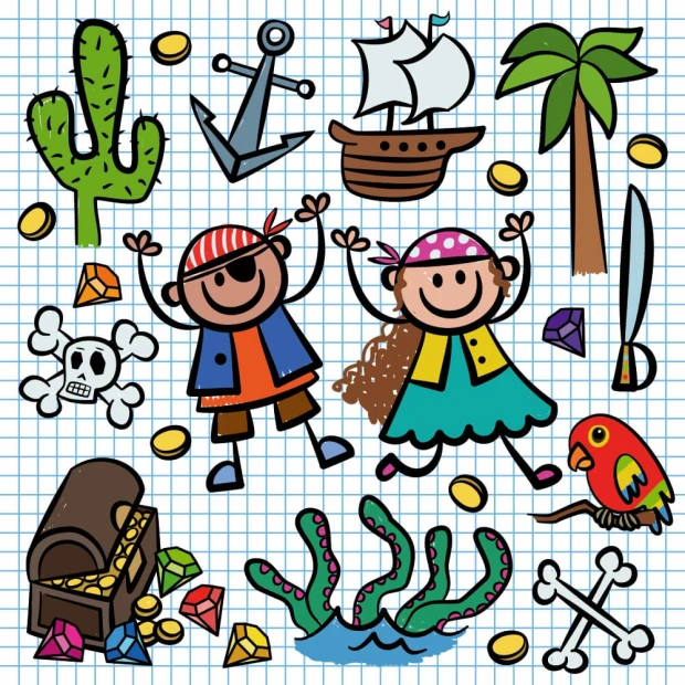 Children\'s pirate-themed wallpaper 0488 - Features kids in pirate costumes, a ship, treasures, and palm trees.